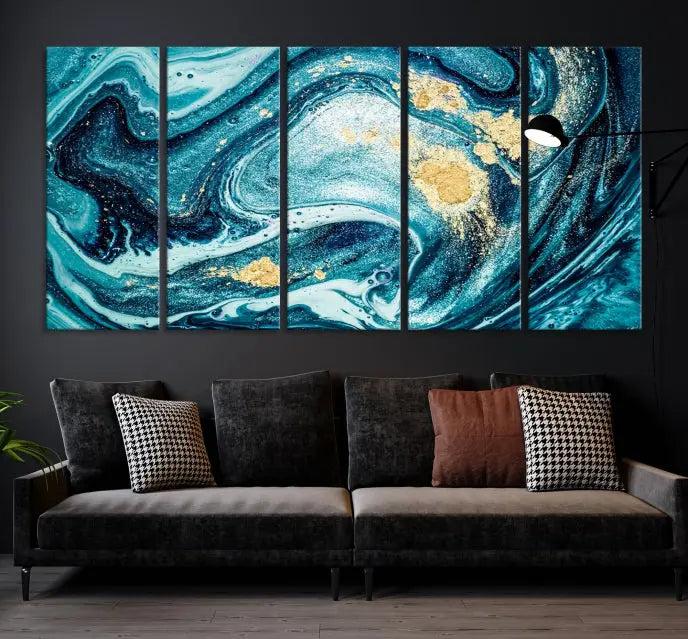 The "Turquoise Marble Fluid Effect Wall Art Abstract Canvas Wall Art Print" elegantly shines. This gallery-wrapped, museum-quality canvas piece creates an inviting space with its UV-protective coating ensuring lasting vibrancy.