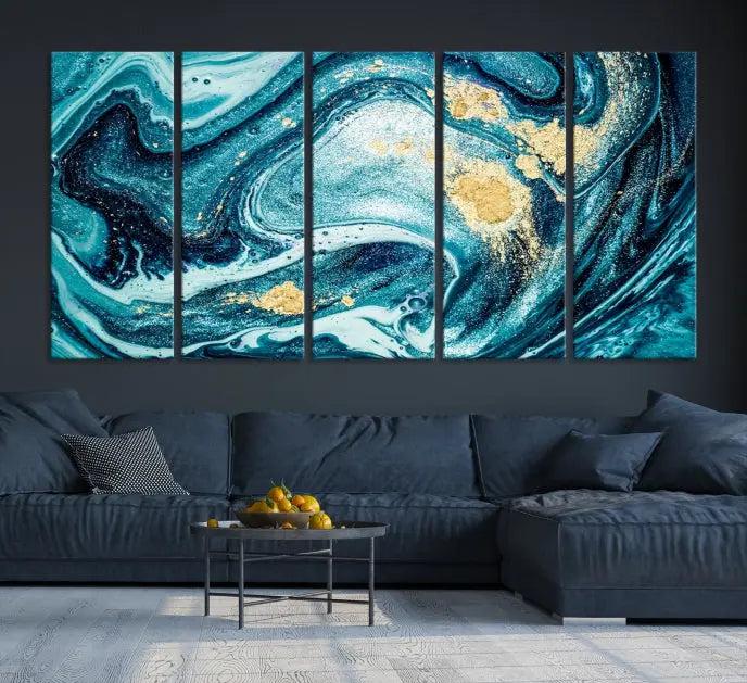 The "Turquoise Marble Fluid Effect Wall Art Abstract Canvas Wall Art Print" elegantly shines. This gallery-wrapped, museum-quality canvas piece creates an inviting space with its UV-protective coating ensuring lasting vibrancy.