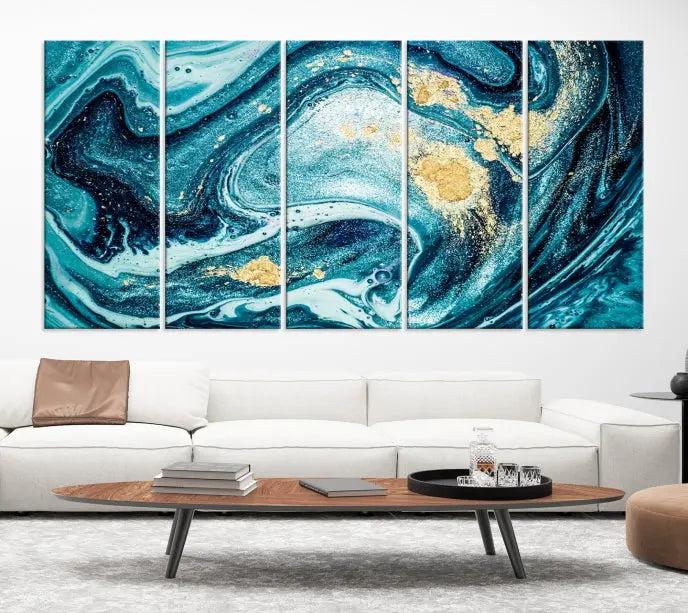 The "Turquoise Marble Fluid Effect Wall Art Abstract Canvas Wall Art Print" elegantly shines. This gallery-wrapped, museum-quality canvas piece creates an inviting space with its UV-protective coating ensuring lasting vibrancy.