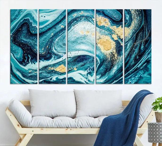 The "Turquoise Marble Fluid Effect Wall Art Abstract Canvas Wall Art Print" elegantly shines. This gallery-wrapped, museum-quality canvas piece creates an inviting space with its UV-protective coating ensuring lasting vibrancy.