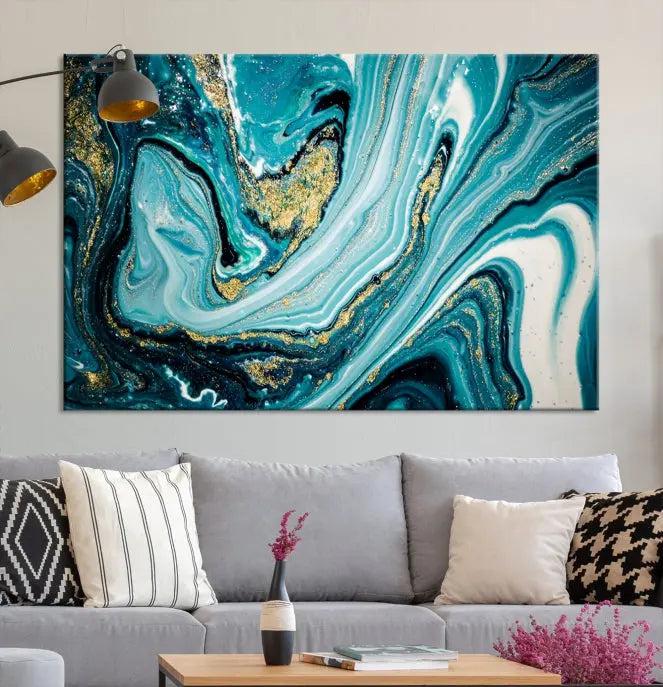 The Turquoise Marble Fluid Effect Wall Art Abstract Canvas Wall Art Print adorns the space, enhancing the modern living room aesthetic.