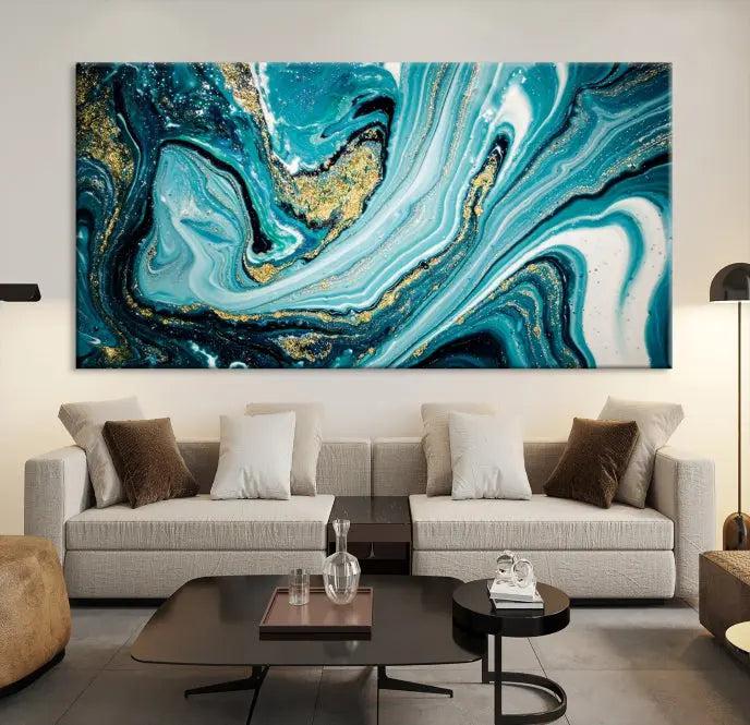 The Turquoise Marble Fluid Effect Wall Art Abstract Canvas Wall Art Print adorns the space, enhancing the modern living room aesthetic.