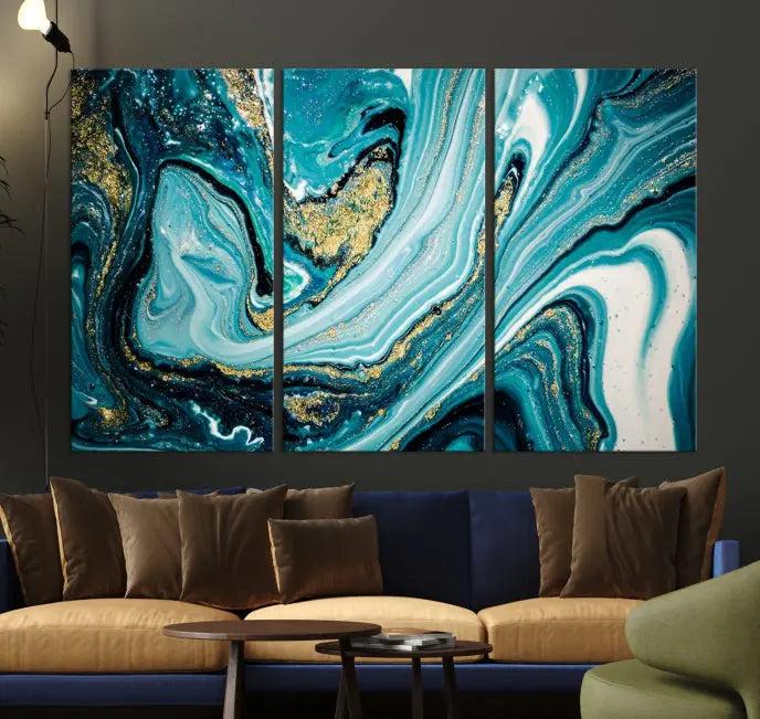 The Turquoise Marble Fluid Effect Wall Art Abstract Canvas Wall Art Print adorns the space, enhancing the modern living room aesthetic.