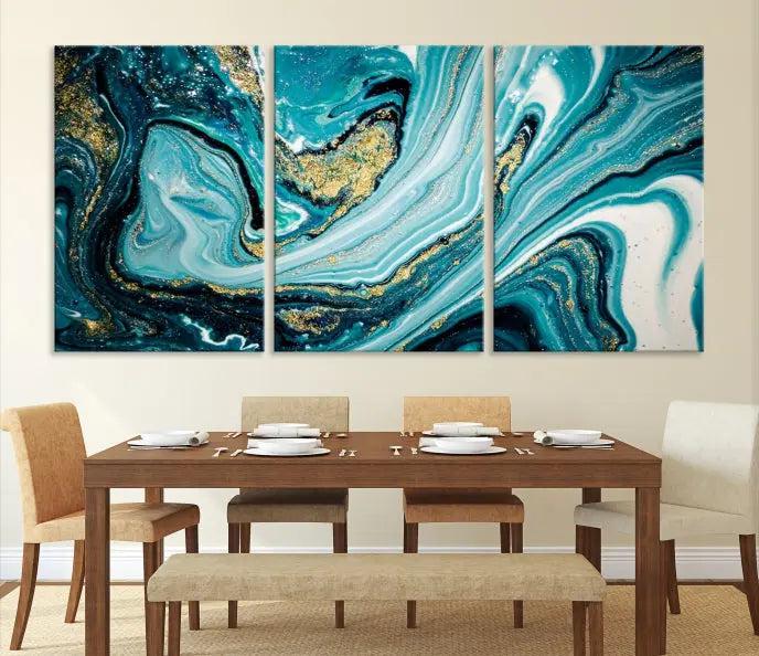 The Turquoise Marble Fluid Effect Wall Art Abstract Canvas Wall Art Print adorns the space, enhancing the modern living room aesthetic.