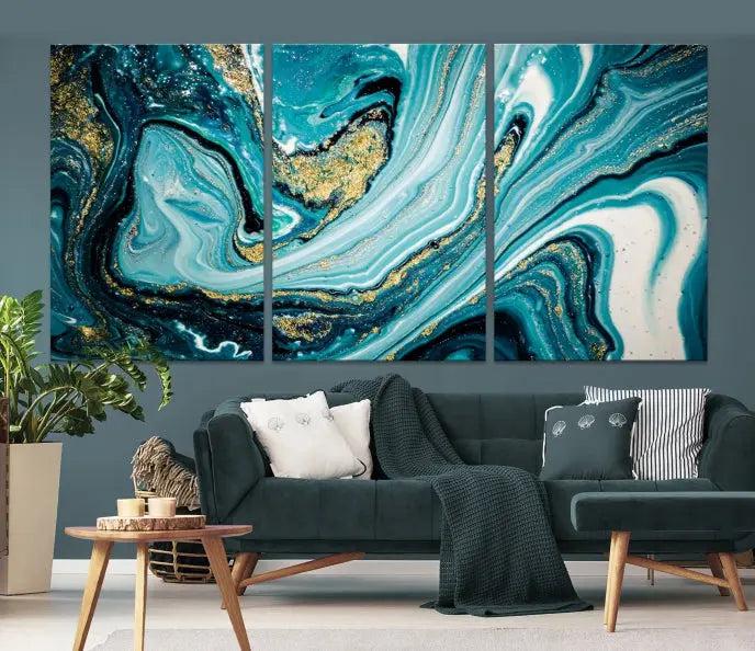 The Turquoise Marble Fluid Effect Wall Art Abstract Canvas Wall Art Print adorns the space, enhancing the modern living room aesthetic.