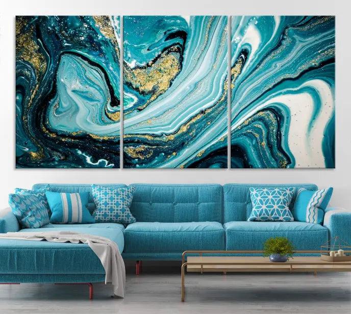 The Turquoise Marble Fluid Effect Wall Art Abstract Canvas Wall Art Print adorns the space, enhancing the modern living room aesthetic.