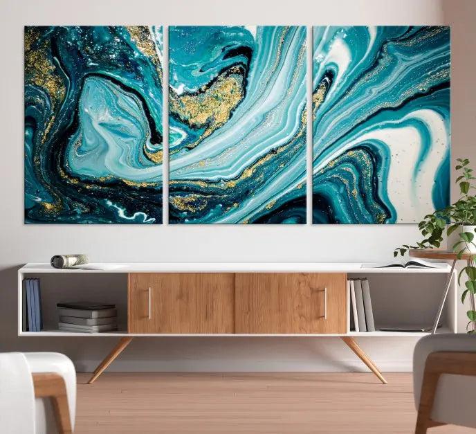 The Turquoise Marble Fluid Effect Wall Art Abstract Canvas Wall Art Print adorns the space, enhancing the modern living room aesthetic.