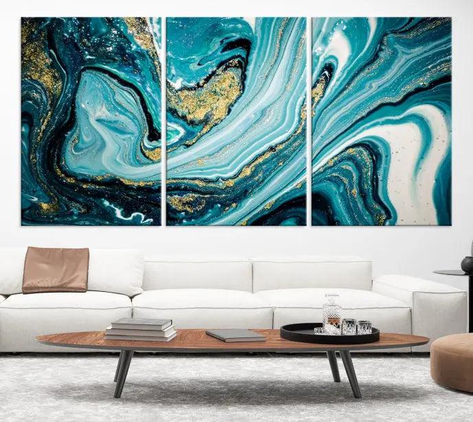 The Turquoise Marble Fluid Effect Wall Art Abstract Canvas Wall Art Print adorns the space, enhancing the modern living room aesthetic.