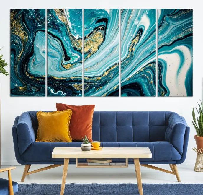 The Turquoise Marble Fluid Effect Wall Art Abstract Canvas Wall Art Print adorns the space, enhancing the modern living room aesthetic.