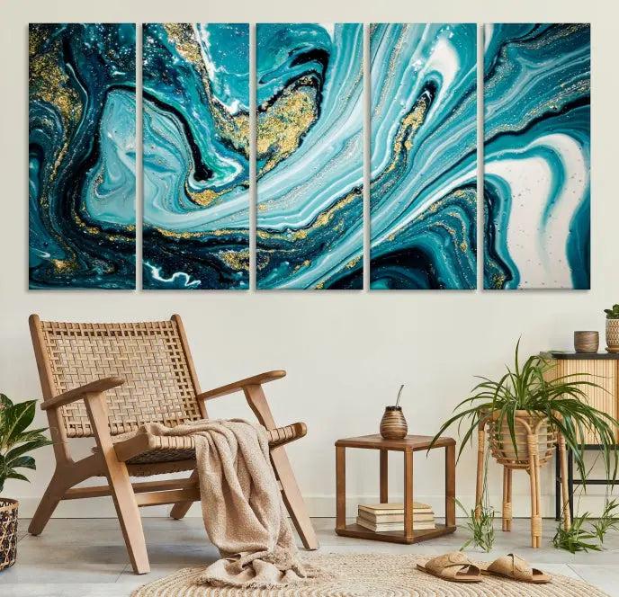 The Turquoise Marble Fluid Effect Wall Art Abstract Canvas Wall Art Print adorns the space, enhancing the modern living room aesthetic.