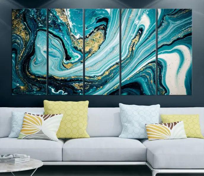 The Turquoise Marble Fluid Effect Wall Art Abstract Canvas Wall Art Print adorns the space, enhancing the modern living room aesthetic.