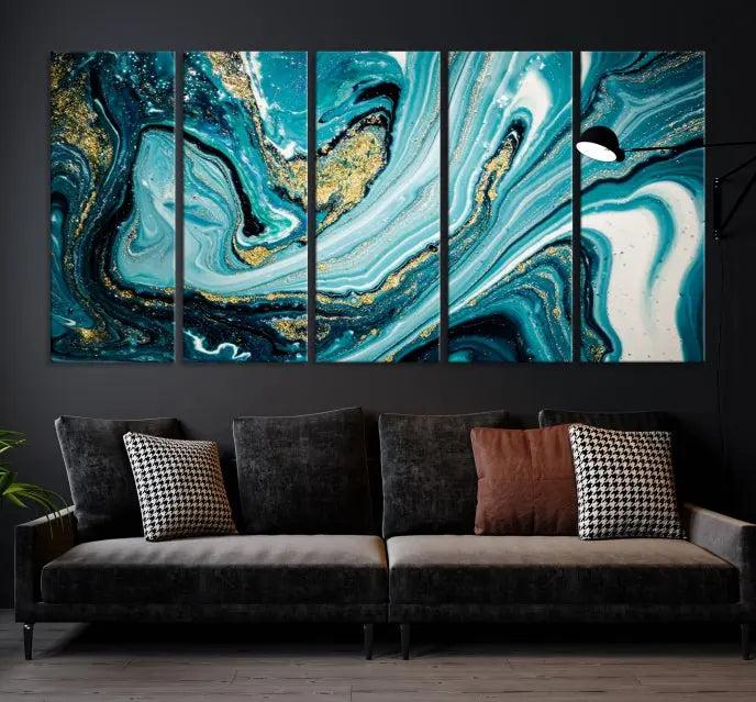 The Turquoise Marble Fluid Effect Wall Art Abstract Canvas Wall Art Print adorns the space, enhancing the modern living room aesthetic.