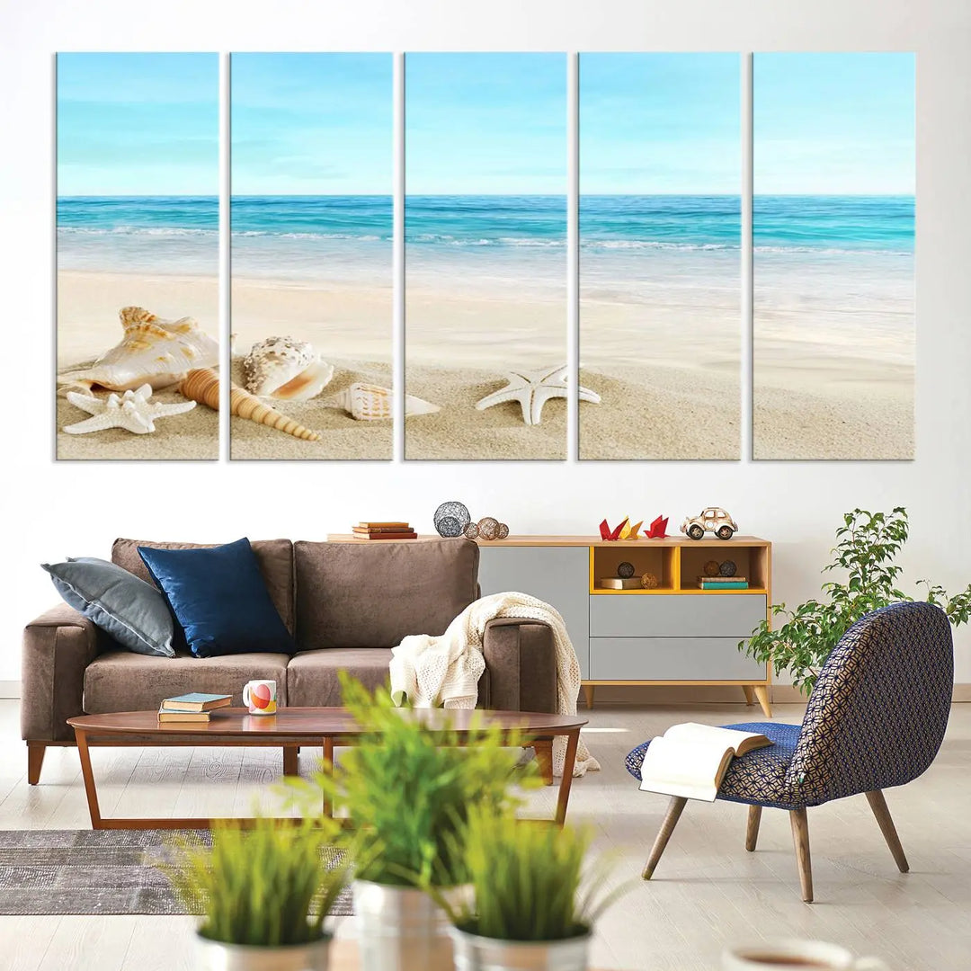 The "Turquoise Ocean View Seashell Starfish on the Beach Canvas Print Artwork" is a triptych piece that showcases a tranquil beach scene, complete with seashells and starfish adorning the sand. It is elegantly gallery-wrapped on museum-quality canvas.