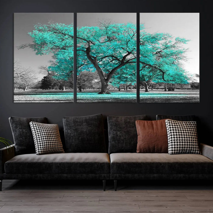 The "Turquoise Tree Canvas Wall Art Multi Piece Canvas Print" features a stunning triptych of a tree with turquoise leaves, printed on museum-quality canvas and coated for UV protection. The artwork arrives ready to hang, instantly enhancing the charm of your space.