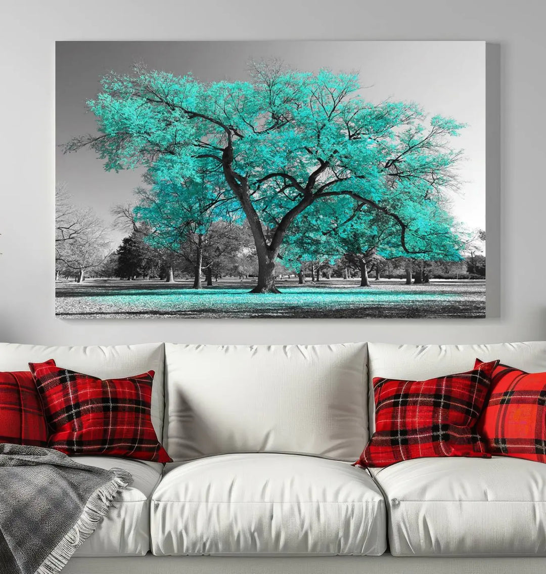 The "Turquoise Tree Canvas Wall Art Multi Piece Canvas Print" features a stunning triptych of a tree with turquoise leaves, printed on museum-quality canvas and coated for UV protection. The artwork arrives ready to hang, instantly enhancing the charm of your space.