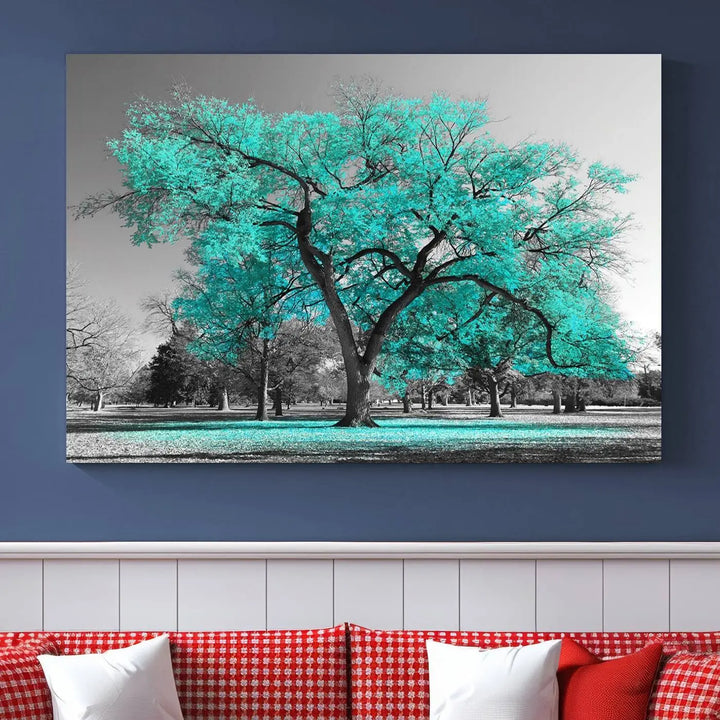 The "Turquoise Tree Canvas Wall Art Multi Piece Canvas Print" features a stunning triptych of a tree with turquoise leaves, printed on museum-quality canvas and coated for UV protection. The artwork arrives ready to hang, instantly enhancing the charm of your space.