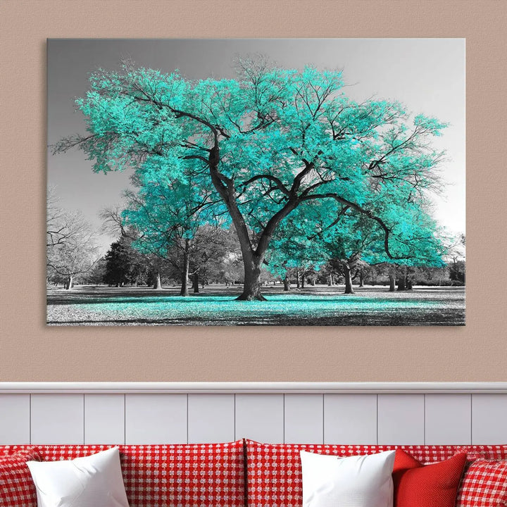 The "Turquoise Tree Canvas Wall Art Multi Piece Canvas Print" features a stunning triptych of a tree with turquoise leaves, printed on museum-quality canvas and coated for UV protection. The artwork arrives ready to hang, instantly enhancing the charm of your space.