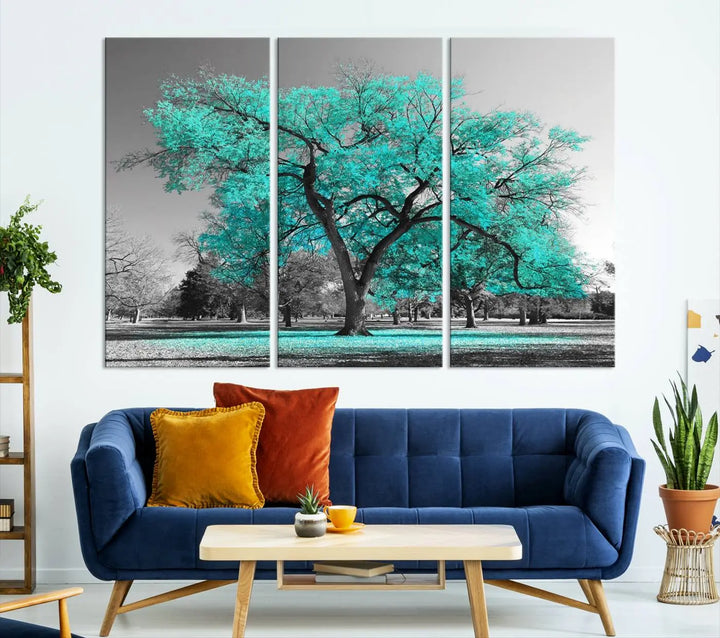 The "Turquoise Tree Canvas Wall Art Multi Piece Canvas Print" features a stunning triptych of a tree with turquoise leaves, printed on museum-quality canvas and coated for UV protection. The artwork arrives ready to hang, instantly enhancing the charm of your space.