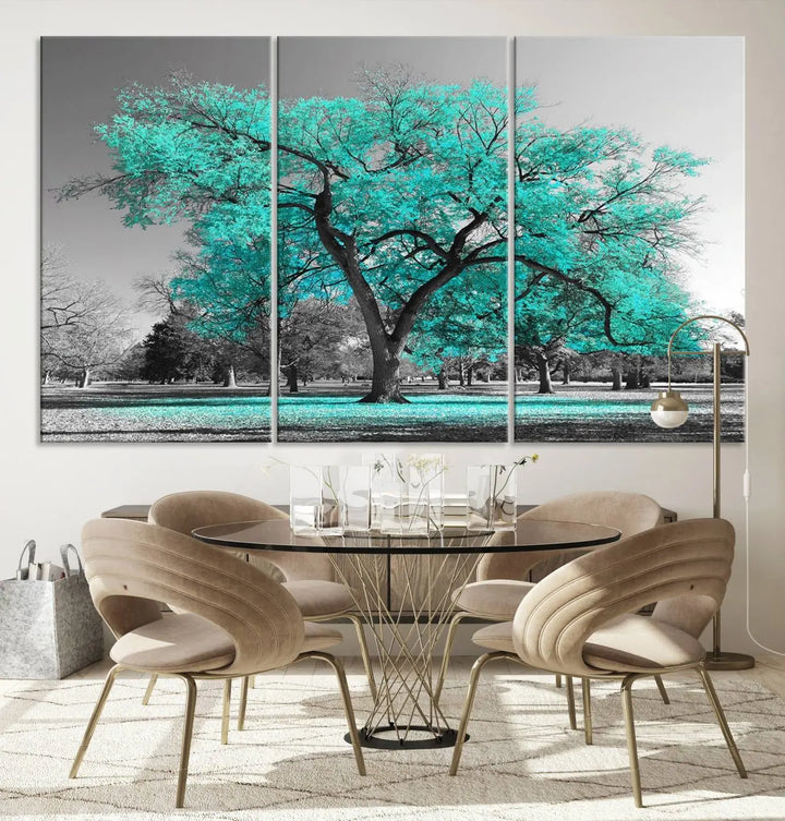 The "Turquoise Tree Canvas Wall Art Multi Piece Canvas Print" features a stunning triptych of a tree with turquoise leaves, printed on museum-quality canvas and coated for UV protection. The artwork arrives ready to hang, instantly enhancing the charm of your space.