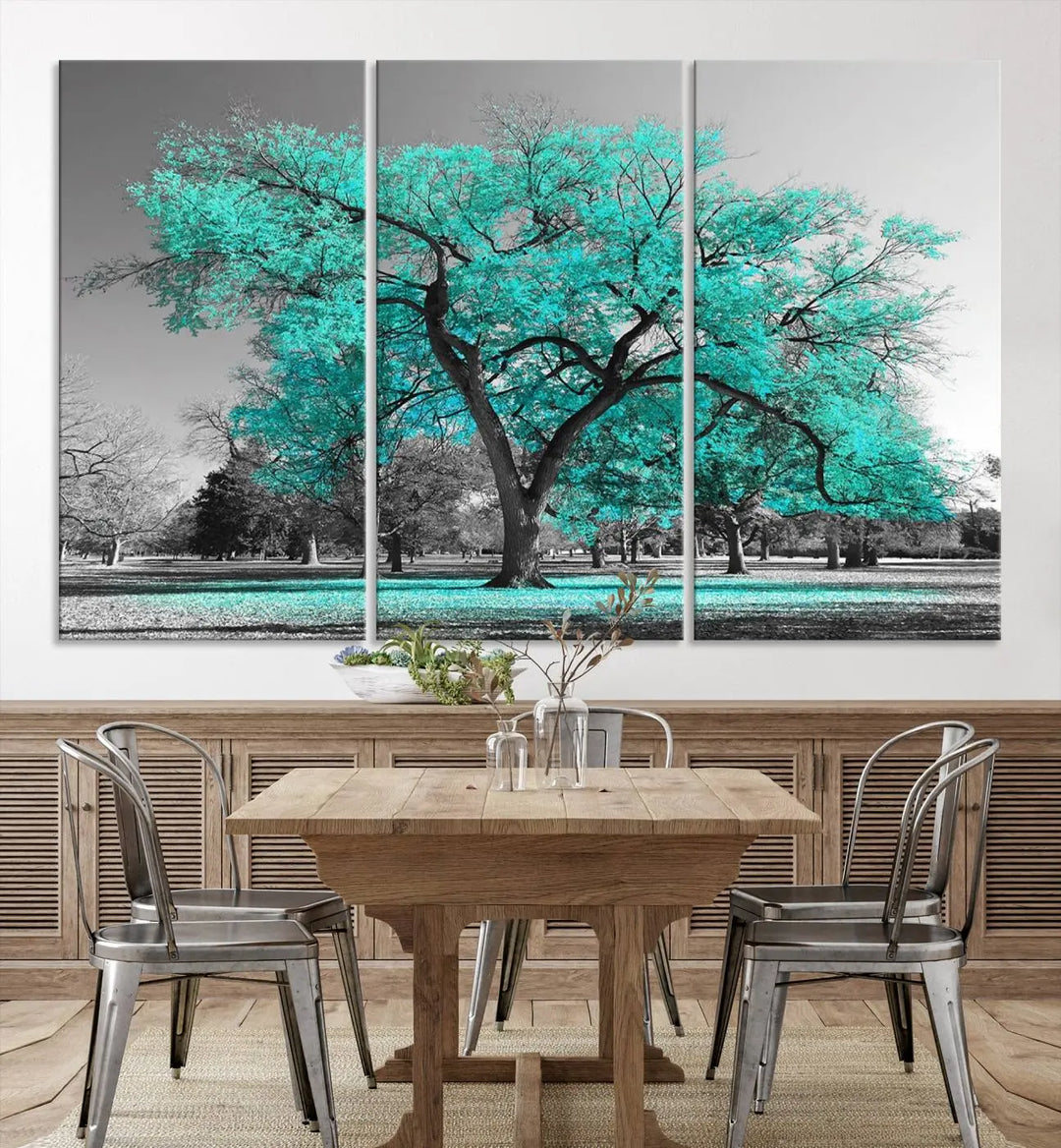 The "Turquoise Tree Canvas Wall Art Multi Piece Canvas Print" features a stunning triptych of a tree with turquoise leaves, printed on museum-quality canvas and coated for UV protection. The artwork arrives ready to hang, instantly enhancing the charm of your space.