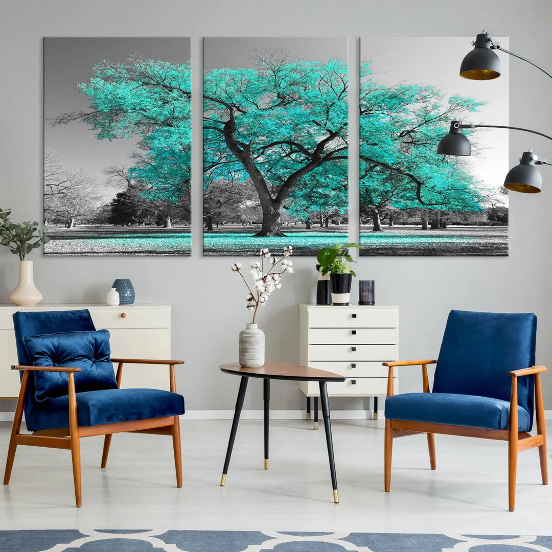 The "Turquoise Tree Canvas Wall Art Multi Piece Canvas Print" features a stunning triptych of a tree with turquoise leaves, printed on museum-quality canvas and coated for UV protection. The artwork arrives ready to hang, instantly enhancing the charm of your space.