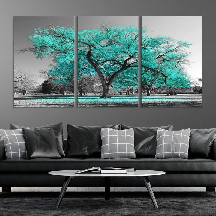 The "Turquoise Tree Canvas Wall Art Multi Piece Canvas Print" features a stunning triptych of a tree with turquoise leaves, printed on museum-quality canvas and coated for UV protection. The artwork arrives ready to hang, instantly enhancing the charm of your space.