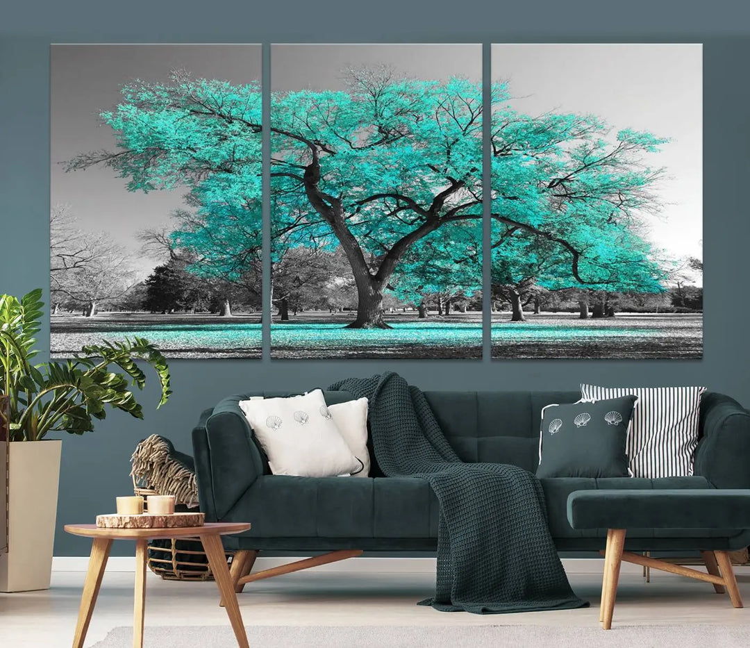 The "Turquoise Tree Canvas Wall Art Multi Piece Canvas Print" features a stunning triptych of a tree with turquoise leaves, printed on museum-quality canvas and coated for UV protection. The artwork arrives ready to hang, instantly enhancing the charm of your space.