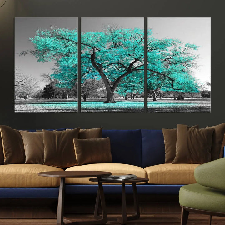 The "Turquoise Tree Canvas Wall Art Multi Piece Canvas Print" features a stunning triptych of a tree with turquoise leaves, printed on museum-quality canvas and coated for UV protection. The artwork arrives ready to hang, instantly enhancing the charm of your space.