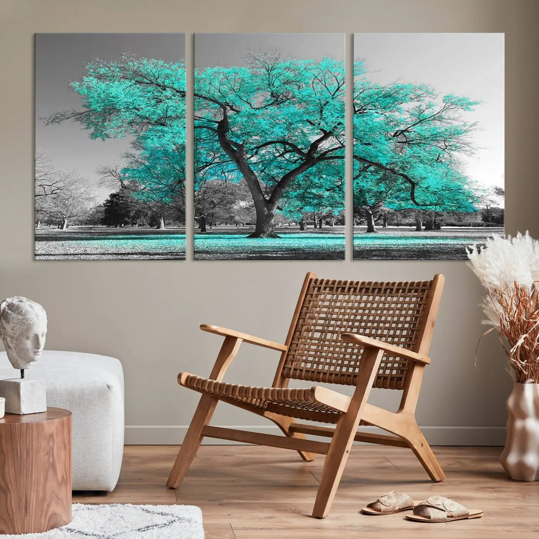 The "Turquoise Tree Canvas Wall Art Multi Piece Canvas Print" features a stunning triptych of a tree with turquoise leaves, printed on museum-quality canvas and coated for UV protection. The artwork arrives ready to hang, instantly enhancing the charm of your space.