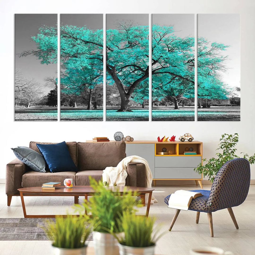 The "Turquoise Tree Canvas Wall Art Multi Piece Canvas Print" features a stunning triptych of a tree with turquoise leaves, printed on museum-quality canvas and coated for UV protection. The artwork arrives ready to hang, instantly enhancing the charm of your space.