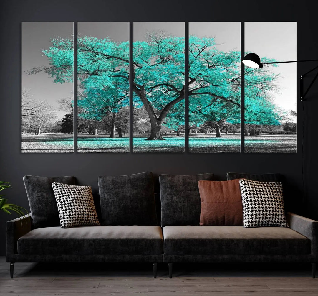 The "Turquoise Tree Canvas Wall Art Multi Piece Canvas Print" features a stunning triptych of a tree with turquoise leaves, printed on museum-quality canvas and coated for UV protection. The artwork arrives ready to hang, instantly enhancing the charm of your space.