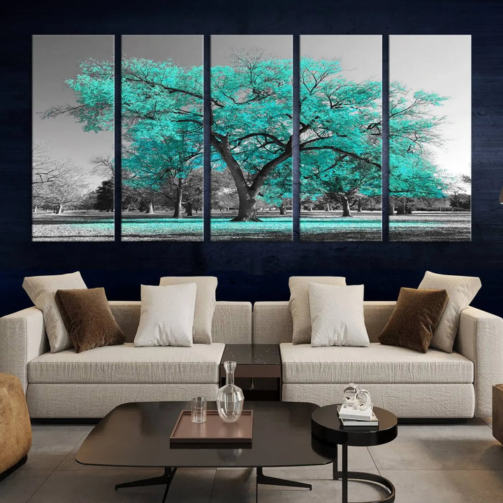 The "Turquoise Tree Canvas Wall Art Multi Piece Canvas Print" features a stunning triptych of a tree with turquoise leaves, printed on museum-quality canvas and coated for UV protection. The artwork arrives ready to hang, instantly enhancing the charm of your space.