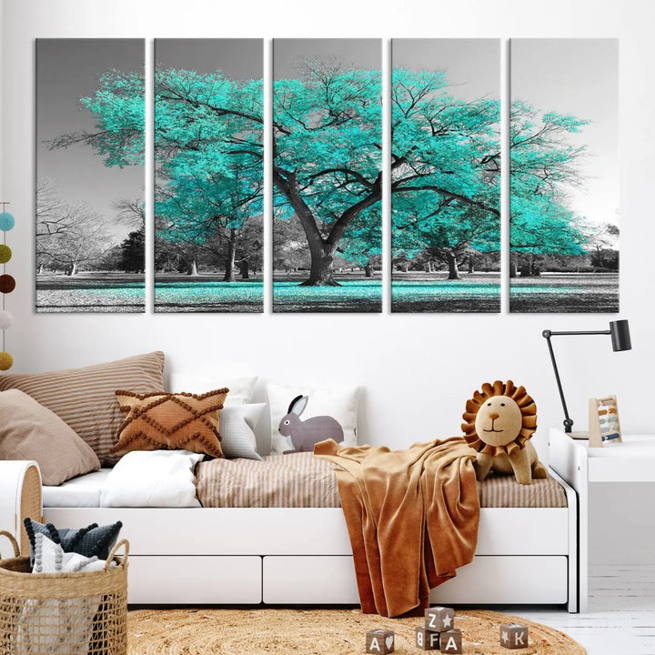 The "Turquoise Tree Canvas Wall Art Multi Piece Canvas Print" features a stunning triptych of a tree with turquoise leaves, printed on museum-quality canvas and coated for UV protection. The artwork arrives ready to hang, instantly enhancing the charm of your space.