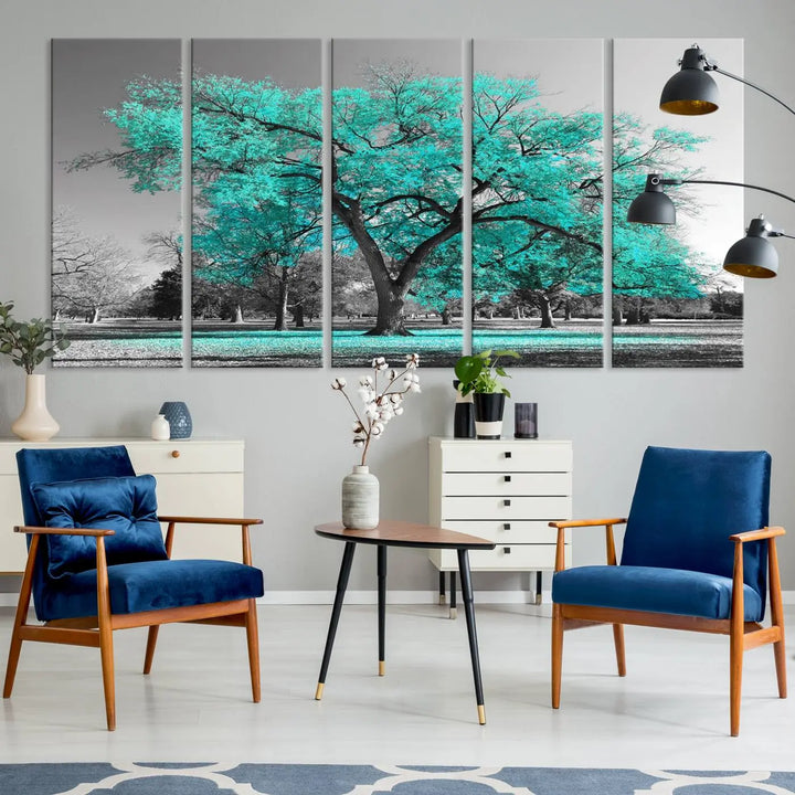 The "Turquoise Tree Canvas Wall Art Multi Piece Canvas Print" features a stunning triptych of a tree with turquoise leaves, printed on museum-quality canvas and coated for UV protection. The artwork arrives ready to hang, instantly enhancing the charm of your space.