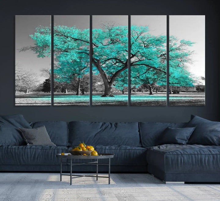 The "Turquoise Tree Canvas Wall Art Multi Piece Canvas Print" features a stunning triptych of a tree with turquoise leaves, printed on museum-quality canvas and coated for UV protection. The artwork arrives ready to hang, instantly enhancing the charm of your space.