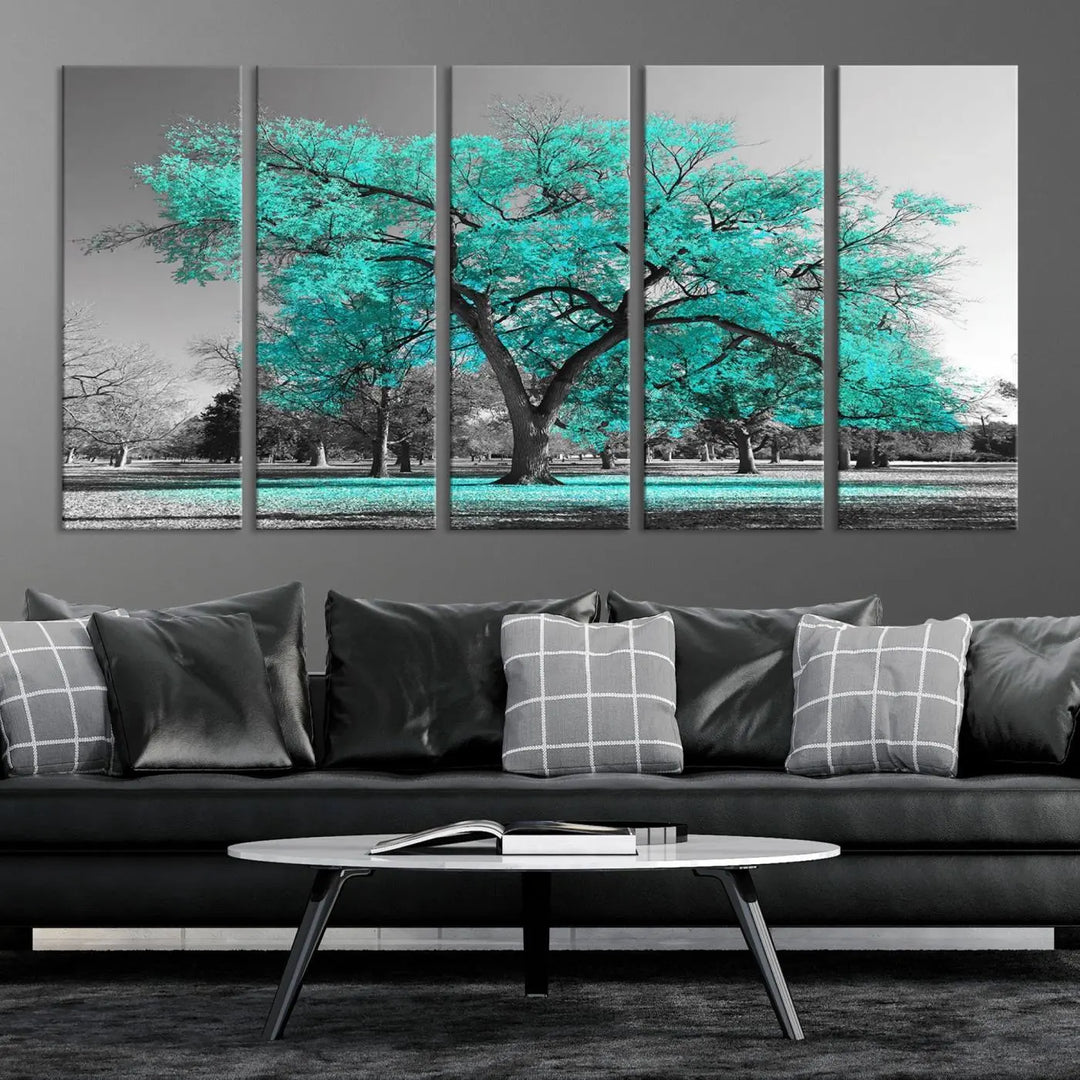 The "Turquoise Tree Canvas Wall Art Multi Piece Canvas Print" features a stunning triptych of a tree with turquoise leaves, printed on museum-quality canvas and coated for UV protection. The artwork arrives ready to hang, instantly enhancing the charm of your space.