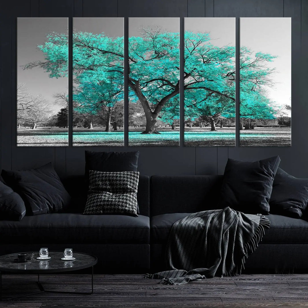 The "Turquoise Tree Canvas Wall Art Multi Piece Canvas Print" features a stunning triptych of a tree with turquoise leaves, printed on museum-quality canvas and coated for UV protection. The artwork arrives ready to hang, instantly enhancing the charm of your space.