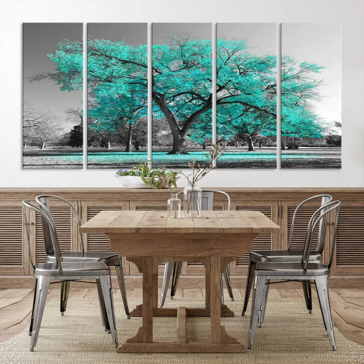 The "Turquoise Tree Canvas Wall Art Multi Piece Canvas Print" features a stunning triptych of a tree with turquoise leaves, printed on museum-quality canvas and coated for UV protection. The artwork arrives ready to hang, instantly enhancing the charm of your space.