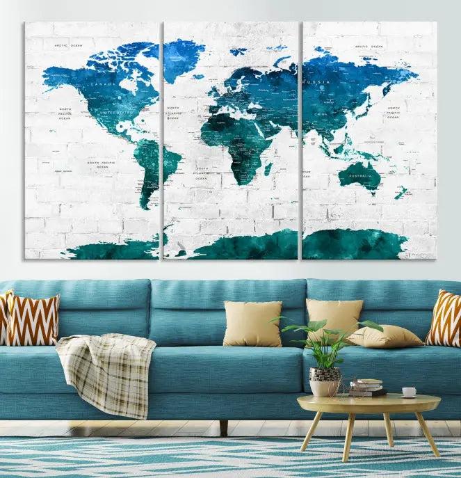 The Turquoise Wall Art World Map Watercolor Canvas Print is highlighted on the brick wall, emphasizing the allure of museum-quality canvases. This gallery-wrapped piece, complete with a UV-protective coating, enhances the elegance of the setting.