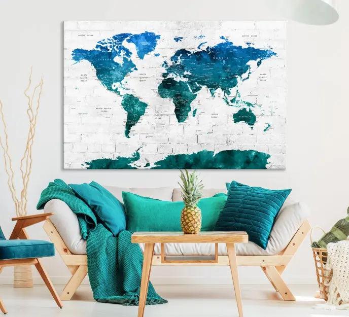 The Turquoise Wall Art World Map Watercolor Canvas Print is highlighted on the brick wall, emphasizing the allure of museum-quality canvases. This gallery-wrapped piece, complete with a UV-protective coating, enhances the elegance of the setting.