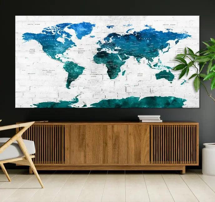 The Turquoise Wall Art World Map Watercolor Canvas Print is highlighted on the brick wall, emphasizing the allure of museum-quality canvases. This gallery-wrapped piece, complete with a UV-protective coating, enhances the elegance of the setting.