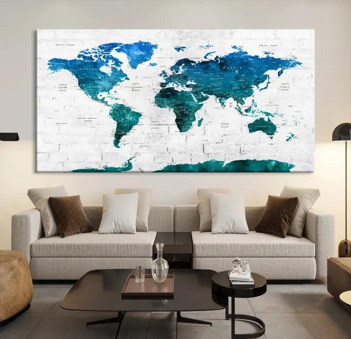 The Turquoise Wall Art World Map Watercolor Canvas Print is highlighted on the brick wall, emphasizing the allure of museum-quality canvases. This gallery-wrapped piece, complete with a UV-protective coating, enhances the elegance of the setting.