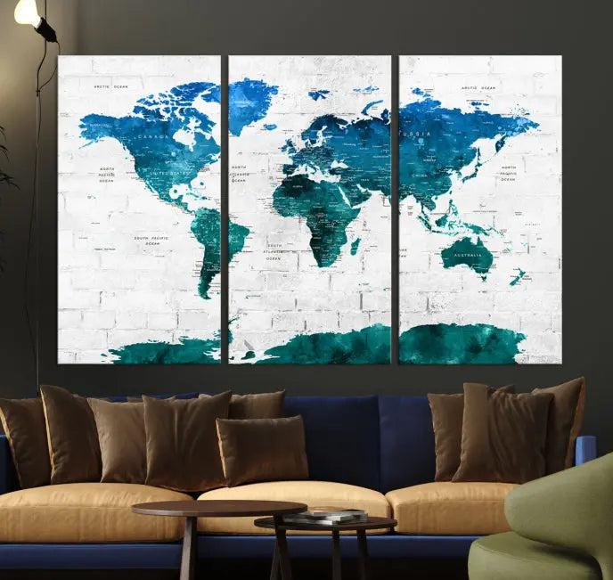 Turquoise Wall Art World Map Watercolor Canvas Print 