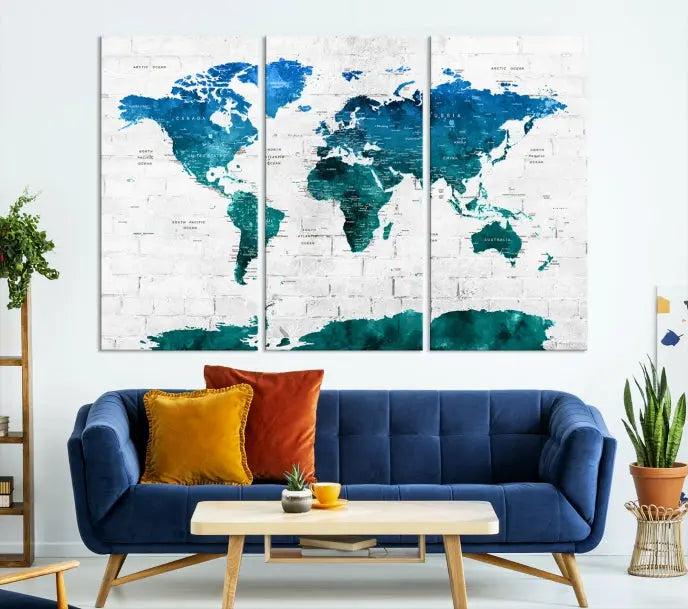 Turquoise Wall Art World Map Watercolor Canvas Print 