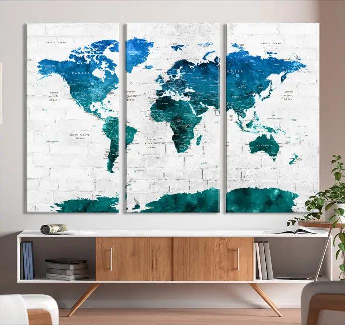 Turquoise Wall Art World Map Watercolor Canvas Print 