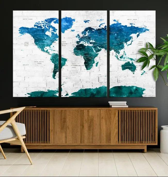 Turquoise Wall Art World Map Watercolor Canvas Print 