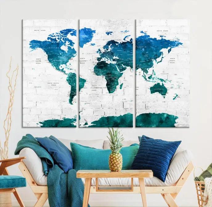 Turquoise Wall Art World Map Watercolor Canvas Print 