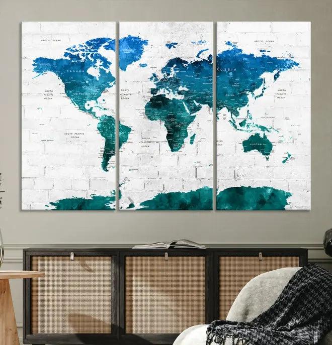 Turquoise Wall Art World Map Watercolor Canvas Print 