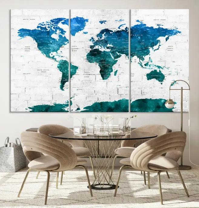 Turquoise Wall Art World Map Watercolor Canvas Print 