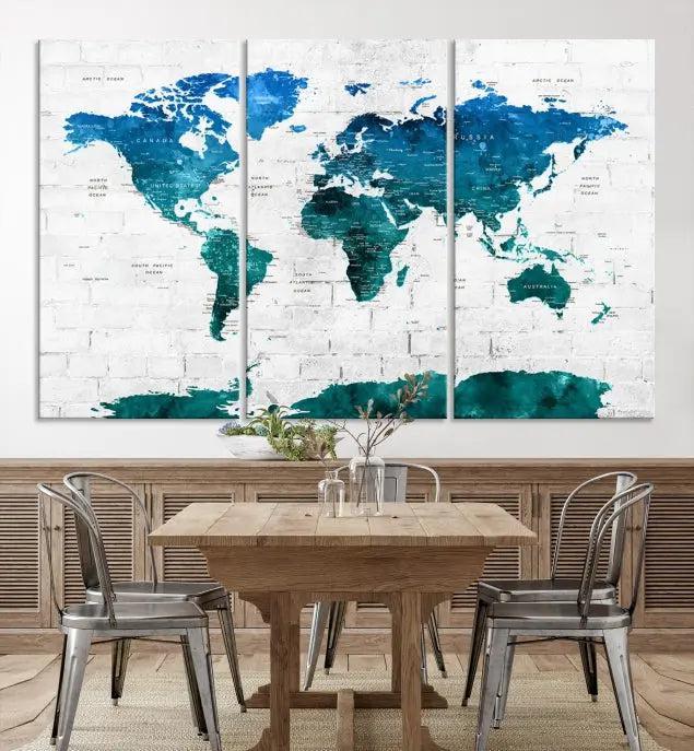 Turquoise Wall Art World Map Watercolor Canvas Print 